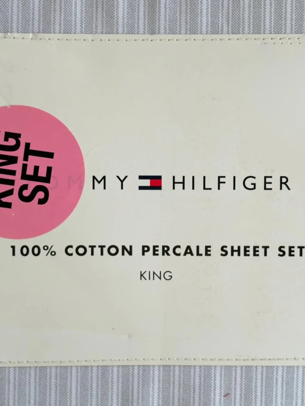 Tommy Hilfiger King SIze Sheet Set HIGHLAND TICKING Gray Stripe Percale Cotton